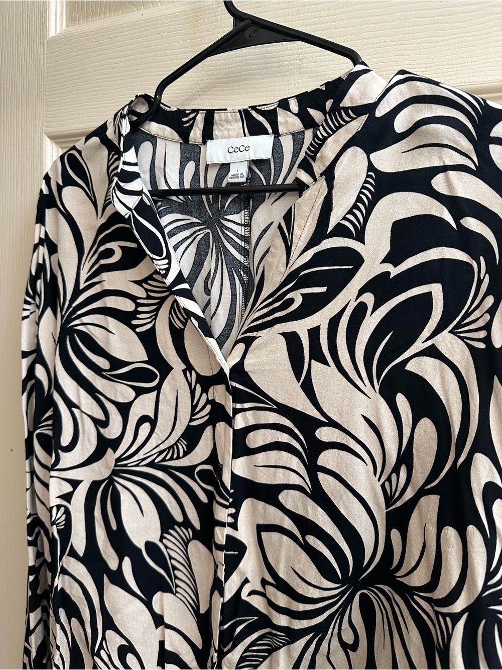 CeCe Black and Cream Tie-Front Floral Swirl Blouse - Picture 2 of 4